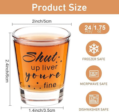 Kolewo4ever 24 Pieces Funny Friends Shot Glasses Funny Friends Shot Glasses Clear Glass Cups with Heavy Base for Adult Small Glass Shot Cups 1.75 oz Shot Glass for Best Friend