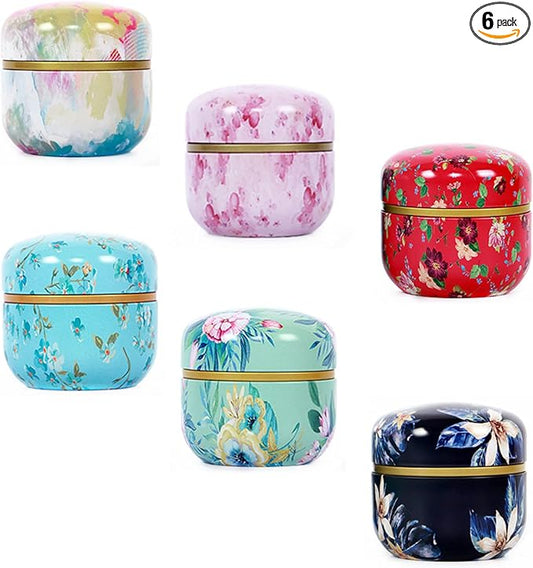 HAN SHENG 6 Pcs Airtight Tea Storage Tins 10 OZ, Vintage Style Food Containers for Loose Leaf Tea & Herbs, Coffee Beans, Spices, Sugar - Floral Embossed Design