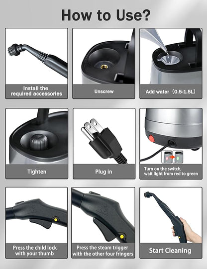 Steam Cleaner for Home, Xyloset Powerful Multipurpose Portable Steamer for Floors, Cars,Tiles, Home Use, 5 Mins Quick Heating, 1.5L Capacity, 20 Acc., Heavy Duty Steam Cleaner Carpet and Upholstery