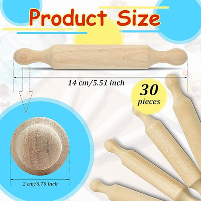 Suclain 30 Pcs Wooden Mini Rolling Pin Long Kitchen Baking Small Dough Rolling Pin for Children Fondant Pastry Pizza Crafting and Imaginative Play for Halloween and Christmas Presents (6 Inches)