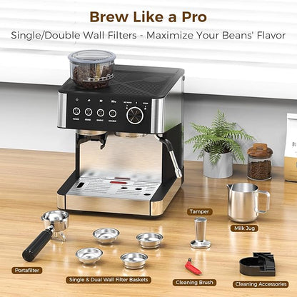 COWSAR (2025 New) Espresso Machines with Built-in Anti-Clog, 20 Bar Expresso Coffee Machines with Milk Frother Steam Wand, Tamping Tool, Espresso Machine with Grinder for Latte, Cappuccino, Americano