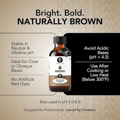 Dolce Flav Natural Brown Food Coloring – 2 oz Liquid Color from Class IV Caramel with Graduated Dropper | Water-Soluble | For Baking, Beverages & Sauces | Kosher | Made in USA