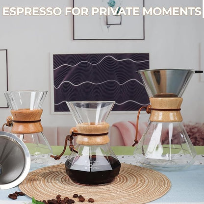 Pour Over Coffee Maker 1000ml with 304 Stainless Steel Filter and Wooden Collar Holder Borosilicate Glass Drip Coffeemaker Server Set Clear Hand Brew Dripper Carafe for Home Camping Travel 33.8oz