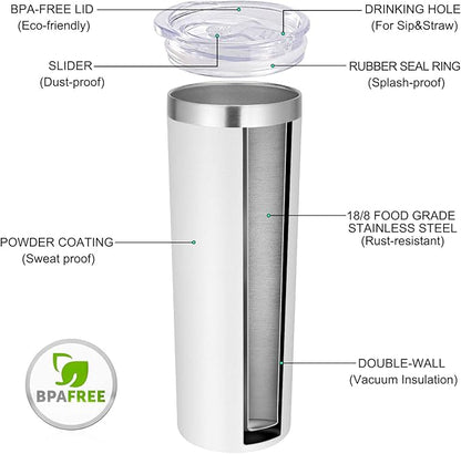 VEGOND Stainless Steel Tumblers Bulk 8 Pack, 20 oz Vacuum Insulated Skinny Tumblers with Lid and Straw, Double Wall Coffee Mug, Travel Water Cup, White