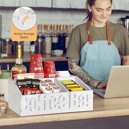 Coffee Bar Organizer for Accessories, Wood Station for Countertop, Farmhouse Pod Holders, White Condiment Organizer for Decor