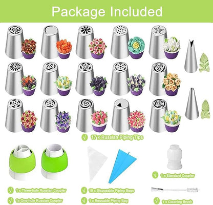 32-Piece Russian Piping Tips Set, Cake Decorating Kit with 17 Frosting Nozzles, Reusable Piping Bags, and Baking Supplies for Cupcakes, Cookies, Cakes - Idael for Bakers & Beginners