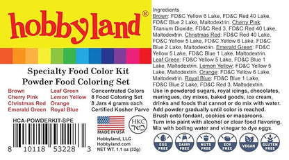 Hobbyland Powder Food Color Kit, Specialty Powder Food Coloring Set, 8 Colors, 4 Gram Jars