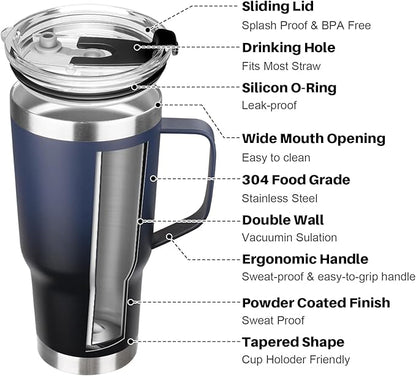 20 oz Tumbler with Handle, Stainless Steel Insulated Tumbler with Lid and Straw, Double Wall Vacuum Coffee Mug Cup, Insulated Coffee Thermal Cup for Cold and Hot (Blue Black)