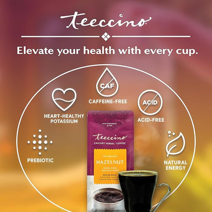 Teeccino Hazelnut Chicory Coffee Alternative - Ground Herbal Coffee That’s Prebiotic, Caffeine Free & Acid Free, Medium Roast, 11 Ounce (Pack of 6)
