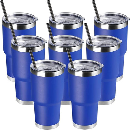 DOMICARE 30oz Tumbler Bulk with Lid and Straw, Double Wall Travel Coffee Mug, Insulated Vacuum Stainless Steel Tumblers, Powder Coated Tumbler Cup (Dark Blue, 8)