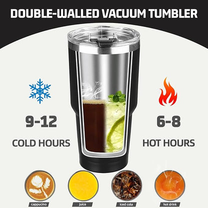 30 oz Tumbler with Lids and Straws, Stainless Steel Insulated Coffee Tumbler, Double Wall Vacuum Insulated Travel Mug Cup, Leakproof Thermal Coffee Cup for Hot and Cold Drinks (Black)