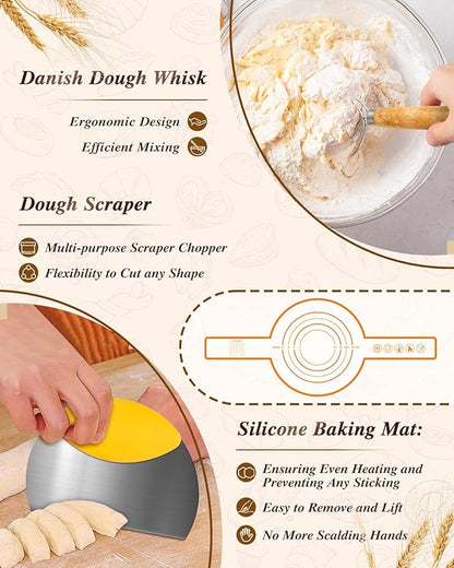 Banneton Basket Set of 2, 10" Oval & 9.7" Round Banneton Bread Proofing Basket with Liners, Bread Lame, Silicone Baking Mat, Danish Whisk, Brush, Proofing Bowls Sourdough Starter Kit Tools