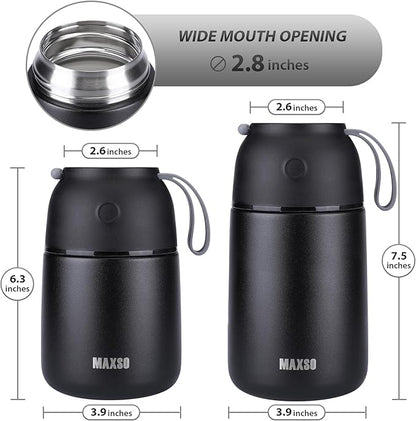 Insulated Thermo Food Jar for Hot & Cold Food for Kids Adult, 17&24 oz Soup Thermal Hot Food Containers for Lunch, Triple Layer Insulation Stainless Steel Food Jar with Spoon (2 Pack Black)