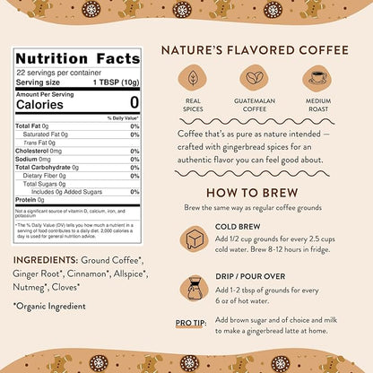 Organic Gingerbread Ground Coffee - Medium Roast, Flavored Coffee - Real Gingerbread Spices - Smooth Low-Acid- Perfect for Drip, Pour Over or Cold Brew - 8 oz, 22 Servings