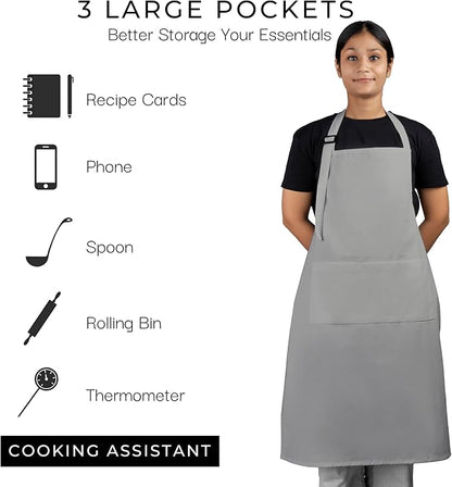 RAJRANG 100% Cotton Cooking Apron with 3 Pockets Kitchen Chef BBQ Adjustable Bib Aprons for Women Men