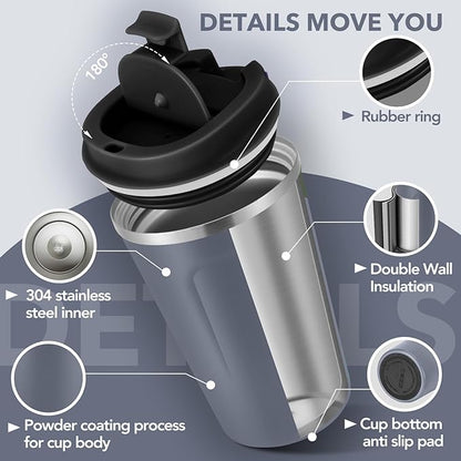 Volhoply 12 oz Double Wall Insulated Vacuum Travel Coffee Mug with Flip Lid Bulk 4 Pack,Reusable Stainless Steel Leak Proof Coffee Cups,Portable Cafe Thermal Tumbler for Hot & Cold Drinks(Gray,4 Set)