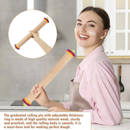 17Inch Wooden Rolling Pin, Rolling Pin with 4 Adjustable Thickness Ring, Graduated Rolling Pin for Baking, Fondant, Pizza, Crust, Cookies, Pastry