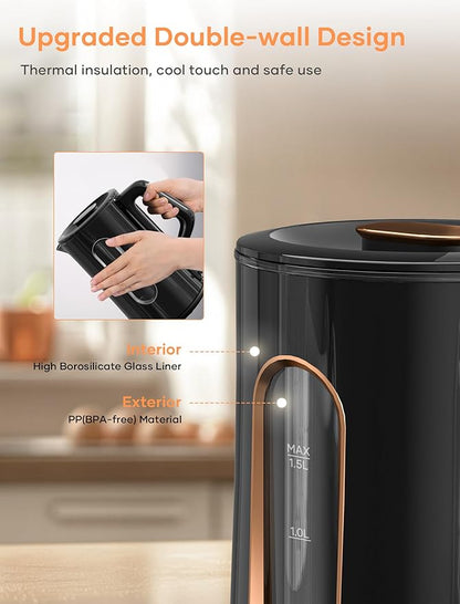 Offacy Electric Kettle, Tea Kettle Pot, Double Wall Glass Inner 1.5L/1200W, Hot Water Kettle Teapot Boiler & Heater with Automatic Shut Off, BPA-Free & LED Indicator Lights, Black