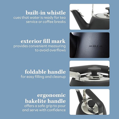 Sur La Table Kitchen Essentials Large 2 QT Heavy Gauge Stainless Steel Whistling Tea Kettle - Matte Black