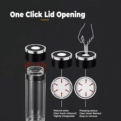 Glass Water Bottle Fits in Car Cup Holder, 14 oz Double Wall Borosilicate Glass Tea Infuser Bottle, One Handed One Key Lid Opening, for Car, Home, Office