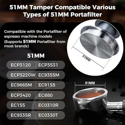 IKAPE 51MM Espresso Tamper Kit Silver 8 IN 1, Coffee Tamper Set comprising a Tamper, Distributor, Magnetic Dosing Funnel, Puck Screen, Station, WDT Tool, along with a Cleaning Towel and Brush