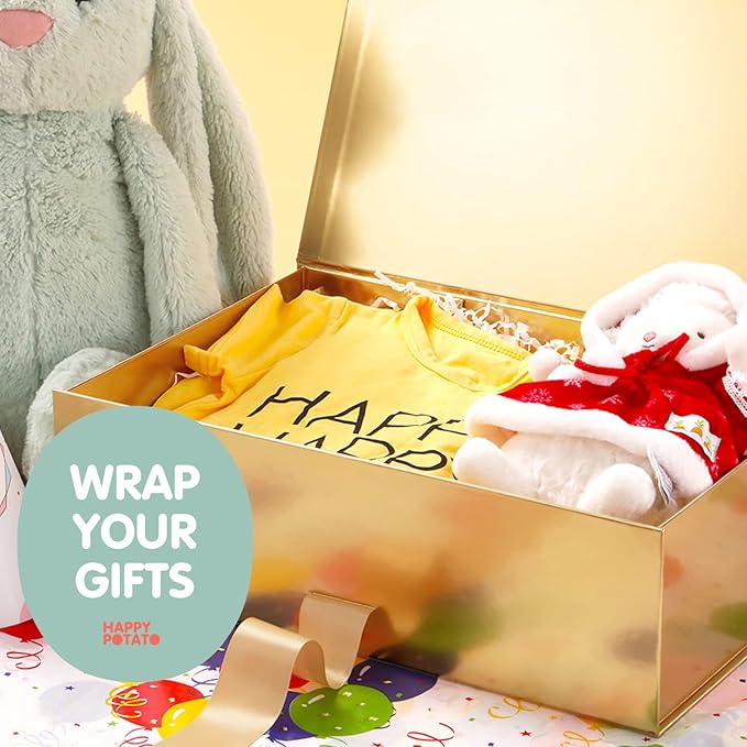 HAPPY POTATO Large Christmas Gold Gift Box with Lid and Ribbon 13.5x9x4.1 Inches, Bridesmaid Proposal Boxes, Magnetic Easter Gift Box for presents (Glossy Gold)