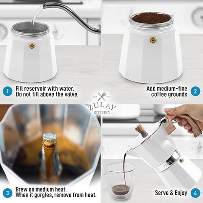 Zulay Kitchen Stovetop Espresso Maker - Moka Pot 6 Espresso Cups - Percolator Coffee Maker for Classic Cuban & Italian Style Espresso - Portable Coffee Maker for Camping & Travel - (White)