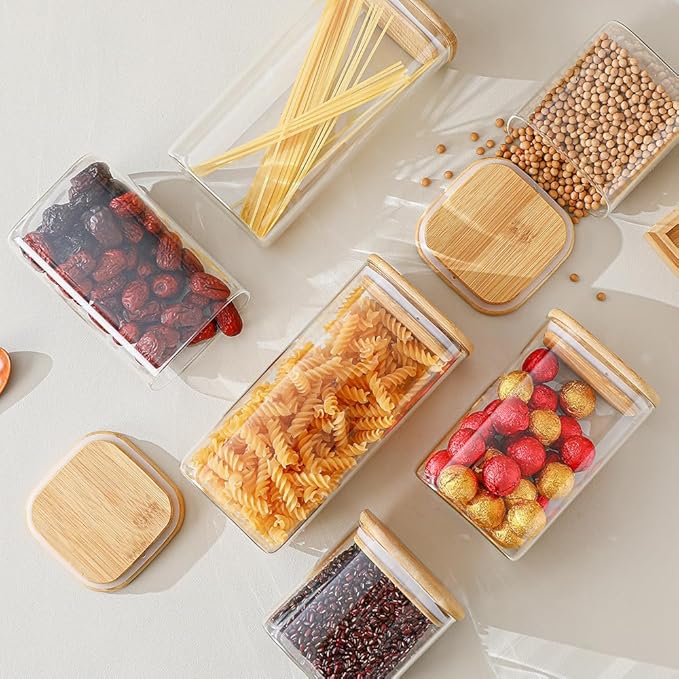 Glass Food Storage Containers with Lids 6 Pack(25oz/37oz/50oz), High Borosilicate Glass Jars for Coffee Bean, Candy, Cookie, Flour, Square