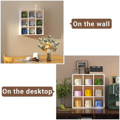 Helsin 9 Grid Vintage Coffee Mug Display Rack, 16inch Wall Mounted Wooden Curio Shadow Box Shelf, Cup Floating Shelves Display and Organizer (White)