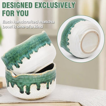 Pottery Matcha Set - Japanese Handcrafted Matcha Tea Bowl Mineral Glaze Bowl with Spout, Bamboo Whisk, Scoop & Chasen Holder | 4pc Tea Ceremony Kit for Matcha Lovers (Snowy Jade)