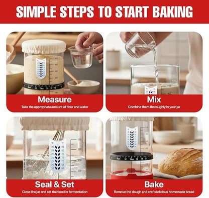 Sourdough Starter Kit, 40 Oz Sourdough Jar with Measuring Cup, Thermometer, Spatula, Dough Scraper, Bread Lame, Silicone Base & Cloth Cover, Feeding Band, Bread Baking Supplies for Bakers (40 Oz)
