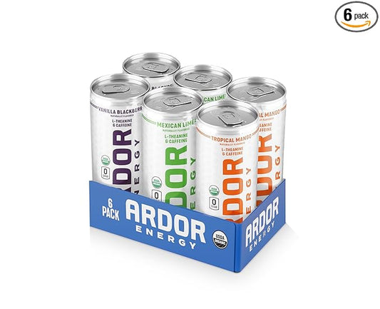 ARDOR ENERGY Sparkling Water with 100mg Natural Caffeine & 200mg L-Theanine from Organic Green Tea for Smooth Energy & Focus | Healthy Energy Drink | No Sugar, Zero Calories, Vegan, Gluten-Free | Tropical Variety (Pack of 6, 12oz cans)