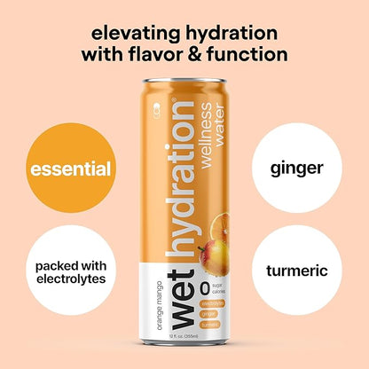 Wet Hydration - Functional Hydration Beverage - Flavored Water, Sugar-Free, Gluten-Free, No Artificial Ingredients (Orange Mango Ginger Turmeric)