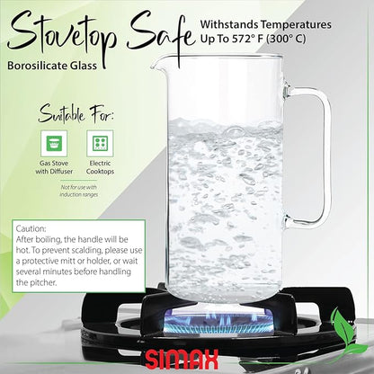 Simax Glass Pitcher, 32 Ounce (1 Quart) Borosilicate Glass, Hot and Cold Safe Iced Tea Pitchers for Drinks, Made in Europe Glass Water Pitcher, Cocktail Jug, Lemonade, Sangria