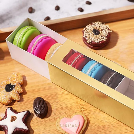 25 Macaron Boxes for 6 Macarons Gold Macaron Boxes with Interior Measurement 7.3" x 1.9" x 1.9" Macarons Gift Boxes with Clear Window (without Macaron inside)