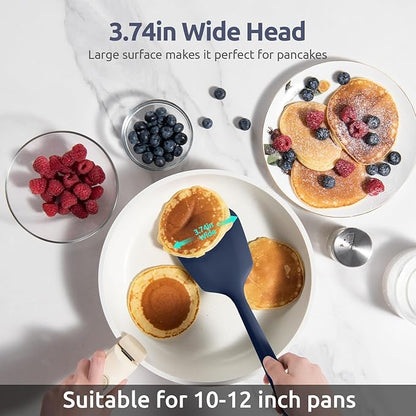 600℉ Heat Resistant Silicone Turner: U-Taste 13.6in Solid Kitchen Spatula Flipper, BPA Free Flexible & Thin Seamless Cooking Utensil for Flipping Egg, Pancake in Nonstick Cookware(Midnight Blue)