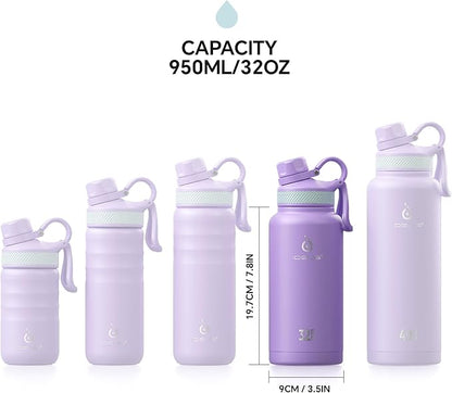 IDEUS Insulated Stainless Steel Water Bottle with 2 Leak-Proof Lids, Thermal Water Flask for Hiking Biking, 32oz, Violet