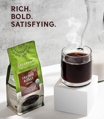 Teeccino French Roast Chicory Coffee Alternative, 11 Ounce: Ground Herbal Coffee That’s Prebiotic, Caffeine-Free & Acid-Free, Dark Roast, with Carob and Chicory, No artificial flavors