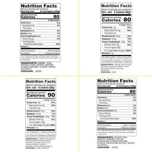 4 Pack Krunchy Melts Original Meringue Cookies | Snack Attack 4-Pack | Cappuccino, Dulce de Leche, Toasted Coconut, Chocolate | Only 80-90 Calories Per Serving | Low Fat/Fat Free, Gluten Free, Dairy Free (4 Oz)