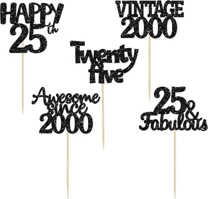 Gyufise 30Pcs Vintage 2000 Cupcake Toppers Glitter 25th Birthday Cake Decorations - Black