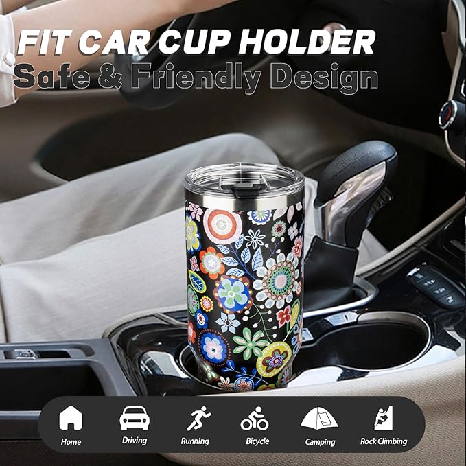 40 oz Tumbler with Lids and Straws, Stainless Steel Insulated Coffee Tumbler, Double Wall Vacuum Insulated Travel Mug Cup, Leakproof Thermal Coffee Cup for Hot and Cold Drinks (Flower)