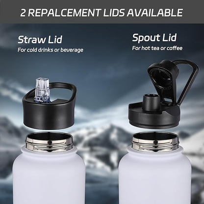 HASLE OUTFITTERS 32 oz Insulated Water Bottle Stainless Steel Double Walled Vacuum Sports Water Bottle with 2 Lids (Straw and Spout Lid) for Gym Camping Hiking(White,8)