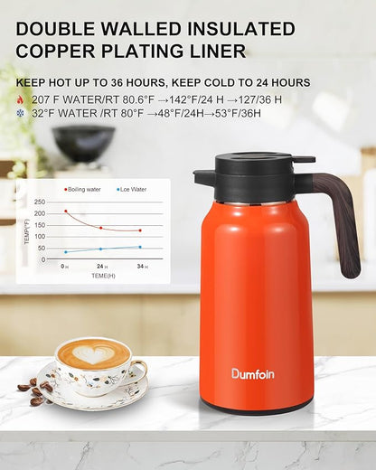 Carafes for Hot Liquids 70 oz - 12 Hour Stainless Steel Thermal Coffee Carafe-Insulated Coffee Carafes For Keeping Hot/Cold Coffee, Tea, Water, Drink Dispenser for Parties(Orange)