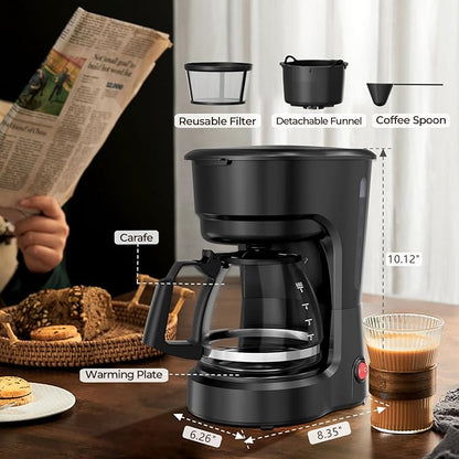 5-Cup Drip Coffee Maker, Compact Coffee Machine with Food-grade Glass Carafe, Always Keep Warm with Manual Switch, Delay Brew, 25oz Water Reservoir, Ideal for Home/Office/Travel/Outdoor - Black