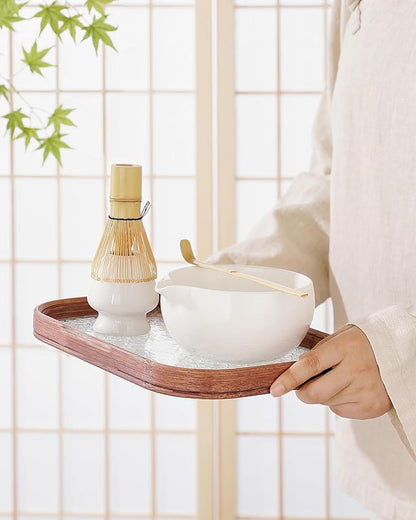 ZENS Matcha Whisk Set, 15oz Ceramic Matcha Bowl with Spout and Bamboo Whisk, Whisk Holder (Chasen), Scoop & Tea Towel, 5pcs Matcha Tea Kit Gift for Matcha Lovers, White
