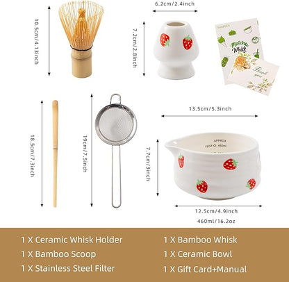 5pcs Premium Matcha Set,Ceramic Bowl with Spout and Bamboo Whisk set, Ceremonical Matcha Kit for breakfast/latte,Tea Starter Making Kit,Unique Matcha Gift set (strawberry)