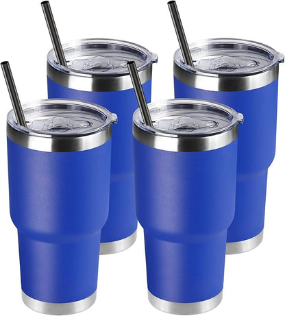 DOMICARE 30 oz Tumbler with Lid and Straw, Stainless Steel Tumblers Bulk, Insulated Vacuum Double Wall Travel Coffee Mug, Durable Powder Coated Tumbler Cups (Dark Blue, 4)