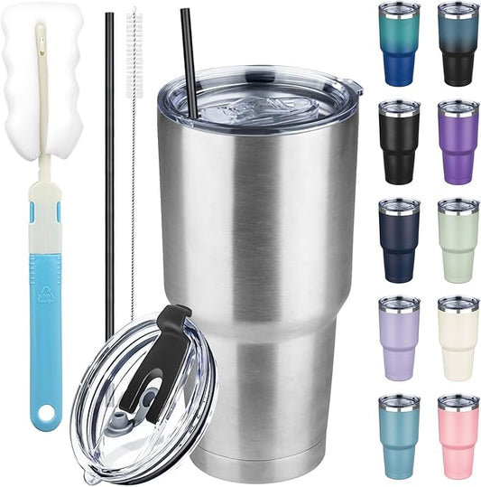 30 oz Tumbler with Lids and Straws, Stainless Steel Insulated Coffee Tumbler, Double Wall Vacuum Insulated Travel Mug Cup, Leakproof Thermal Coffee Cup for Hot and Cold Drinks(Silver)