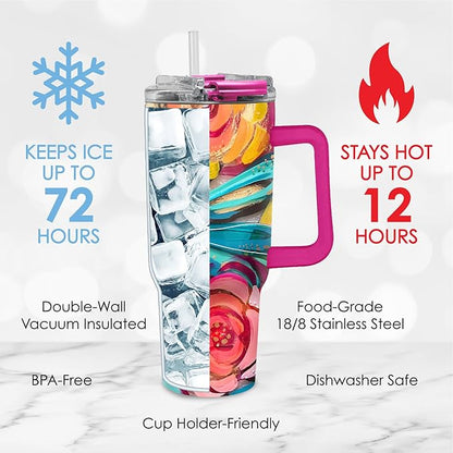 RainCaper 18/8 Stainless Steel Insulated Water Tumbler with Straw | 30oz, BPA-Free, Double Wall for Hot & Cold | Travel-Friendly, Cup Holder Ready (EttaVee Flowers On Glass)