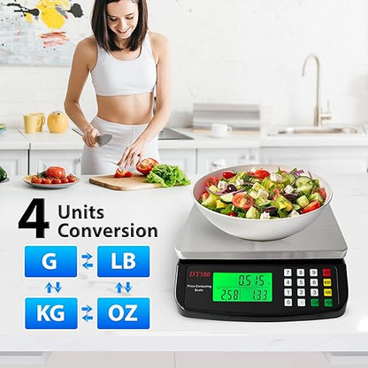 Large Digital Kitchen Scale 40kg/88lb Stainless Steel Price Computing Scale Counting Scale Deli Scale with LCD Display for Baking Bread Cooking Meat Prep Parts and Coins Adapter Included (Black)